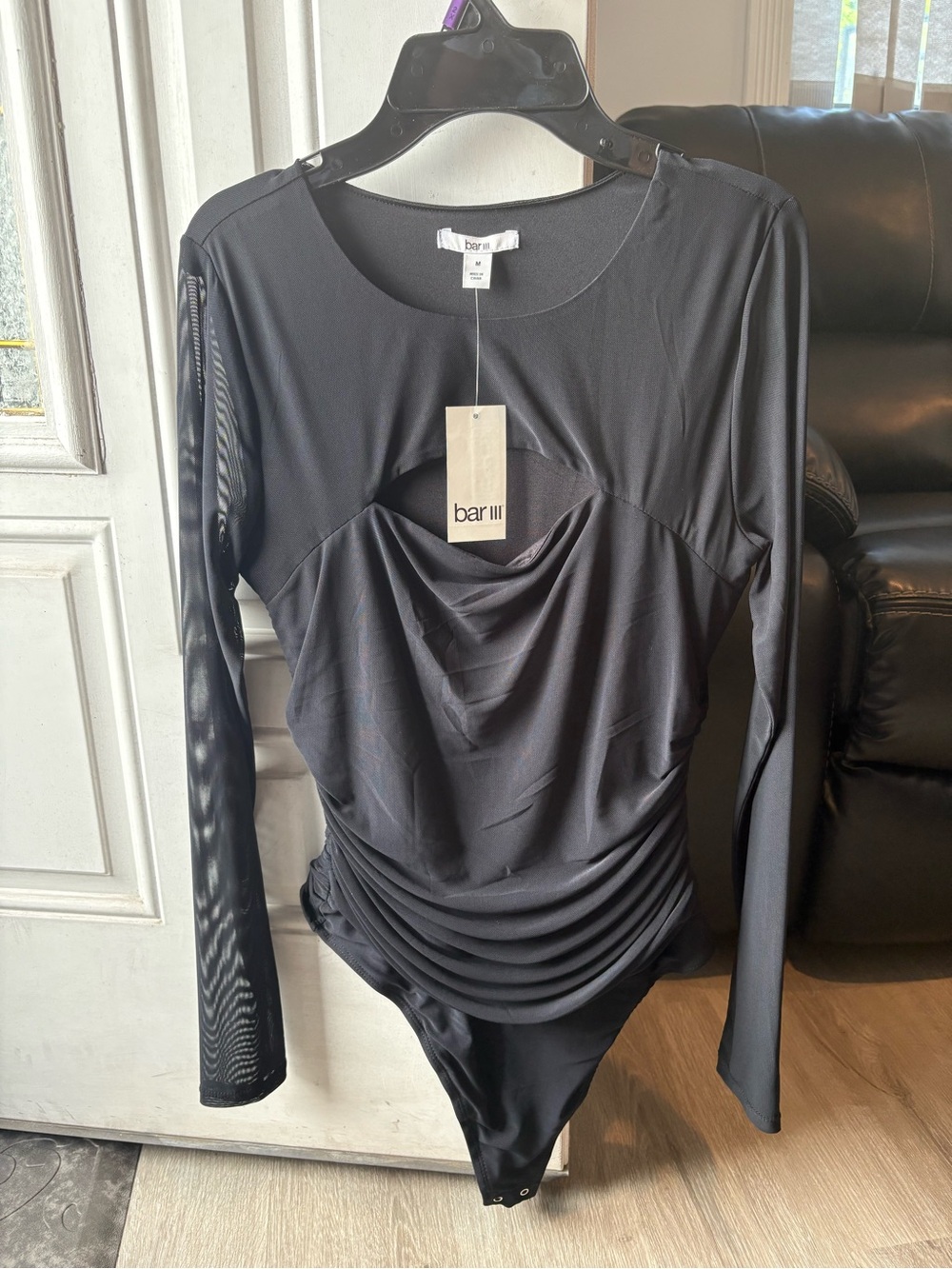 Bar III Black Long-Sleeve Ruched Cutout Bodysuit